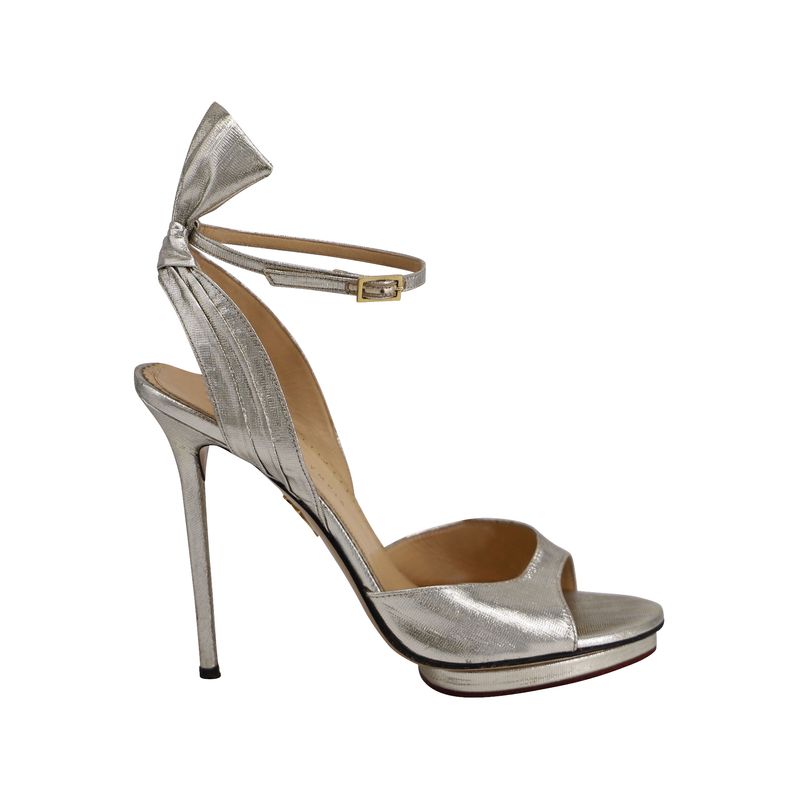 Charlotte Olympia Peep Toe High Heels Sandals In Silver Leather